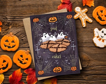 Soul Cakes Greetings Card & Envelope - Halloween All Hallows Eve Samhain Card - Spooky Baking Card - Ghost Bat Cobweb Trick Or Treat Gift