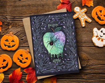 Poison Apple Greetings Card & Envelope - Spooky Poisonous Spider Candy Apple Halloween Card - Black Widow Spider Cobweb Greetings Card