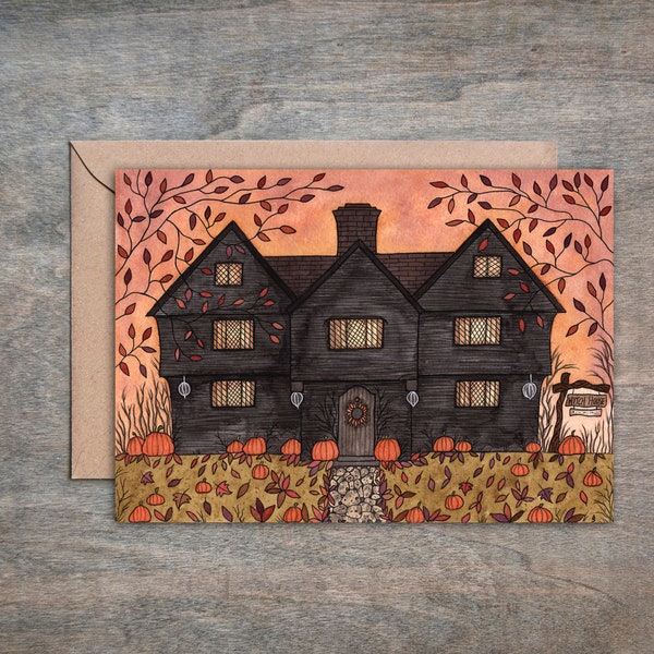 The Witch House Greetings Card - Enveloppe - Carte sorcière d’Halloween - Automne laisse la citrouille Jack-O-Lantern Cadeau - Samhain All Hallows' Eve Card