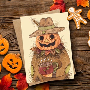 Carte de voeux Pumpkin Joe & enveloppe - carte de personnages lunatique citrouille patch - carte de voeux confortable citrouille d'Halloween ferme rustique