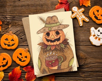 Pumpkin Joe Greetings Card & Envelope - Whimsical Pumpkin Patch People Card - Cosy Pumpkin Spice Halloween Rustic Farm Greetings Card