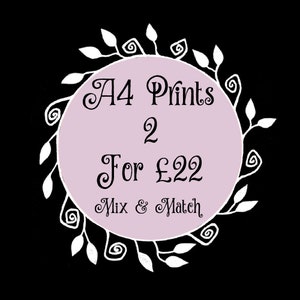 Puede incluir: Un c&iacute;rculo rosa con un borde floral blanco y el texto "A4 Prints 2 For &pound;22 Mix & Match" en negro.