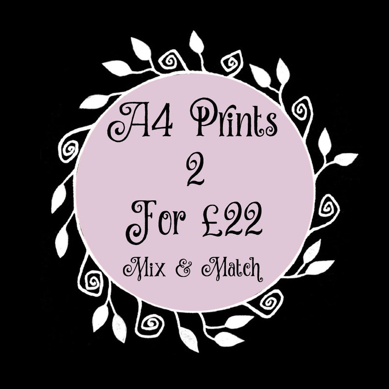Puede incluir: Un c&iacute;rculo rosa con un borde floral blanco y el texto "A4 Prints 2 For &pound;22 Mix & Match" en negro.