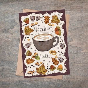 Carte de latte aux noisettes - Carte de Noël automne automne hiver café pour Thanksgiving - Carte d'anniversaire Coffee Shop caféine - Carte de noix et de glands