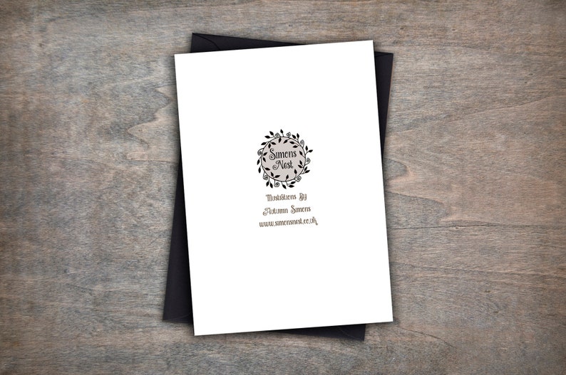 Puede incluir: Una tarjeta blanca con una corona floral negra y el texto "Summers Nest" dentro de la corona. Debajo de la corona, el texto dice "Thank you by Autumn Summers" y "www.summersnest.co.uk".