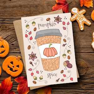 Biglietto d'auguri e busta Pumpkin Spice - Pumpkin Spice Latte - Biglietto stagionale autunnale per il Ringraziamento e Halloween - Biglietto PSL Autumn Vibes