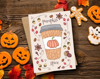 Pumpkin Spice Greetings Card & Envelope - Whimsical Pumpkin Latte - Fall Thanksgiving Halloween Seasonal Card - Acorn Leaf Autumn Spice Card