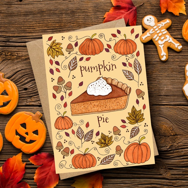 Carte de voeux de tarte à la citrouille et enveloppe - Carte de Thanksgiving d'automne jaune orange - Carte d'Halloween à la citrouille - Illustration de pâtisserie