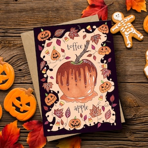 Carte de voeux et enveloppe pomme caramel - Carte d'Halloween effrayante et mignonne avec pomme d'amour - Carte de nuit de feu de joie Bonbons maïs citrouilles confortables