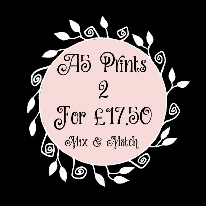 Puede incluir: Un c&iacute;rculo rosa con un borde floral blanco y el texto "A5 Prints 2 for &pound;17.50 Mix & Match" en negro.