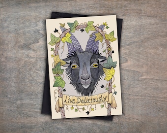 Black Phillip Greetings Card & Envelope - The VVitch Goat Illustrated Card - Live Deliciously - Witchy Pagan Goth Halloween Solstice Card
