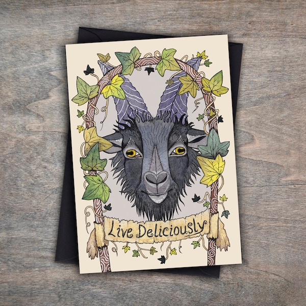 Black Phillip Greetings Card & Envelope - The VVitch Goat Illustrated Card - Live Deliciously - Witchy Pagan Goth Halloween Solstice Card
