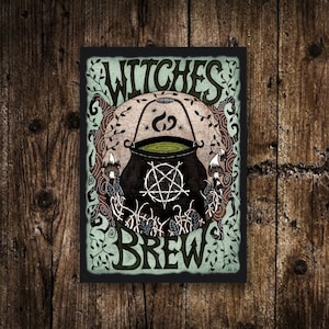 Mini A6 Witches Brew Print - Small Witches Black Cauldron Illustration - Mini Gothic Witchy Postcard Art - Spooky Green Halloween Decor