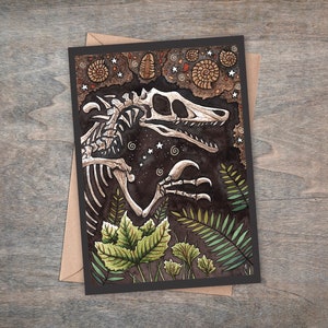 Fossilised Fear Greetings Card & Envelope - Velociraptor Fossil Ammonite Trilobite Card -  Paleontology Geologist Spooky Dinosaur Bones Card