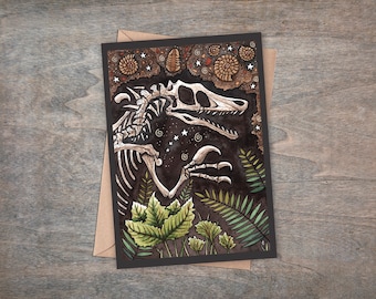 May include: A black and white illustration of a dinosaur skeleton with a dark background. The dinosaur is surrounded by ferns and fossilized seashells. The illustration is framed in a black frame.