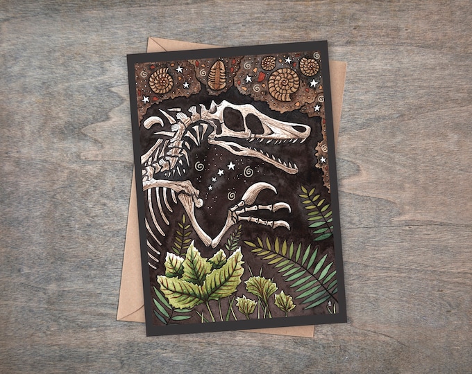 Fossilised Fear Greetings Card & Envelope - Velociraptor Fossil Ammonite Trilobite Card -  Paleontology Geologist Spooky Dinosaur Bones Card