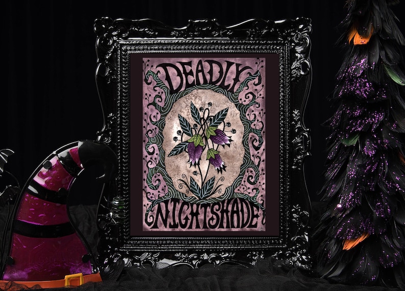 Puede incluir: Una impresi&oacute;n enmarcada con un marco negro y un fondo rosa. La impresi&oacute;n presenta una ilustraci&oacute;n estilizada de una flor morada con el texto "DEADLY NIGHTSHADE" en una fuente decorativa.