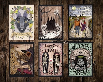 Set Of 6 Mini Spooky Prints - Halloween Witchy Skeleton Coffin Illustration Decor - Mini Gothic Prints - Zombie Plague Black Goat Art Set