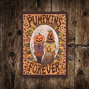 Mini Pumpkins Forever Print - Small A6 Pumpkin Family Illustration - Mini pumpkin Patch People Postcard Print - Halloween Trick Or Treat Art