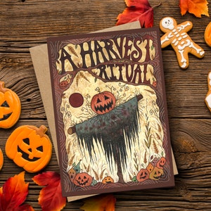 Carte de voeux et enveloppe Rituel des récoltes - carte illustrée épouvantail citrouille - carte Samhain Halloween automne orange marron