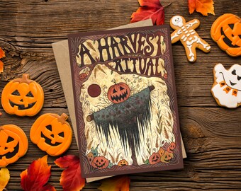A Harvest Ritual Greetings Card & Envelope - Pumpkin Patch Scarecrow Illustrated Card - Orange Brown Autumn Halloween Samhain Card