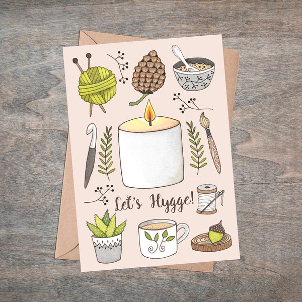 Hygge Greetings Card & Envelope - Let's Hygge! Cosy Danish Nordic Scandi Inspired Illustrated Card - Nature Candles Knitting Crochet Sewing