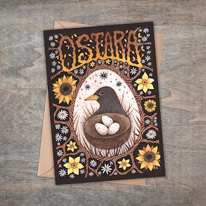 Carte de voeux Ostara & enveloppe - carte nid de merle de printemps païen - carte oeuf de Pâques floral jaune brun - cadeau d'autel païen équinoxe de printemps