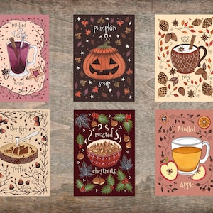 Set di 6 mini stampe invernali - Set di zuppa di zucca, zabaione e castagne arrostite - Mini illustrazioni di toffee, vin brulé e mele speziate