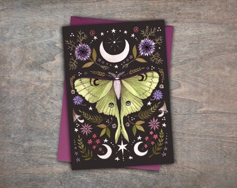 Luna Moth Greetings Card & Envelope - Floral Botanical Moon Moth Celestial Card - Goth Pagan Green Witch Card - Cottagecore Hedgewitch Gift