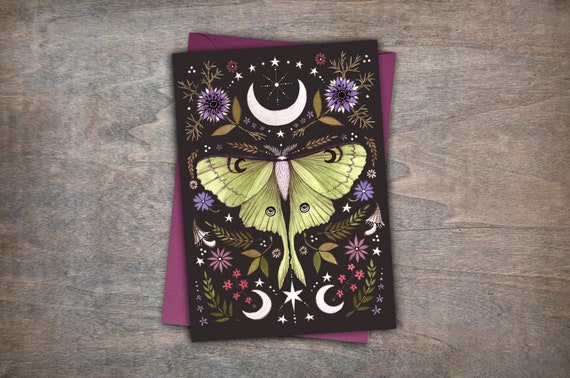 Luna Moth Greetings Card & Envelope - Floral Botanical Moon Moth Celestial Card - Goth Pagan Green Witch Card - Cottagecore Hedgewitch Gift