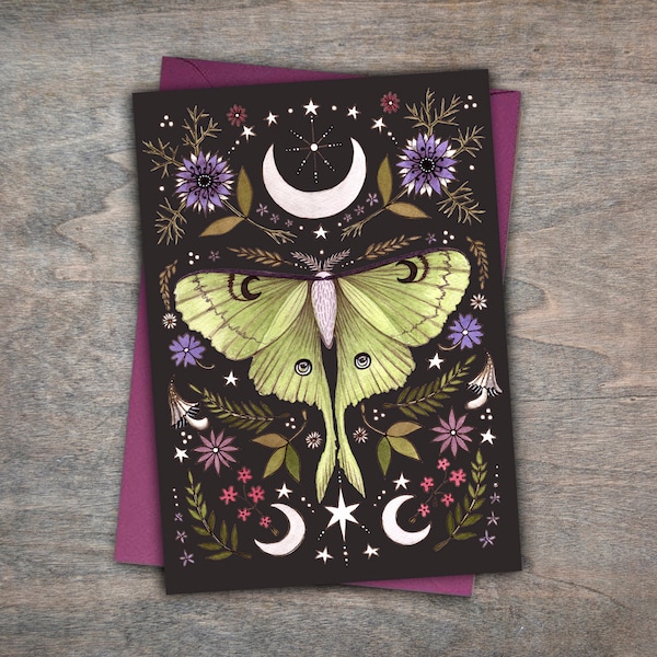 Carte de voeux papillon lunaire et enveloppe - carte céleste floral botanique papillon de nuit de la lune - carte gothique païenne sorcière verte - cadeau hérisson Cottagecore