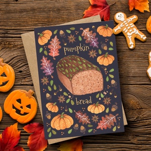 Tarjeta de felicitación y sobre con pan de calabaza - Tarjeta con hojas otoñales que caen al hornear con especias de calabaza - Tarjeta de felicitación otoñal acogedora