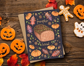 Pumpkin Bread Greetings Card & Envelope - Pumpkin Spice Baking Autumn Falling Leaves Card - Cosy Autumn Fall Greetings Card