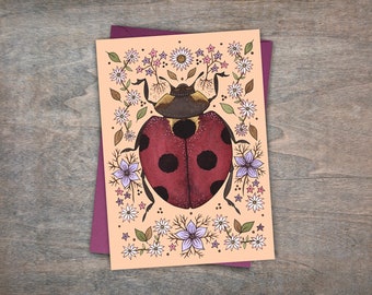 Spring Ladybug Greetings Card & Envelope - Spring Summer Ladybird Card - Cute Peach Ladybug Card - Cottagecore Wildflower Floral Garden Card
