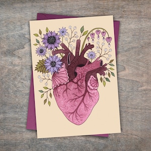 Herz Blüte Karte & Umschlag - Frühling Sommer Floral Anatomisches Herz Karte - Gothic Botanische Valentinstag Alternative Liebe Grüße Karte