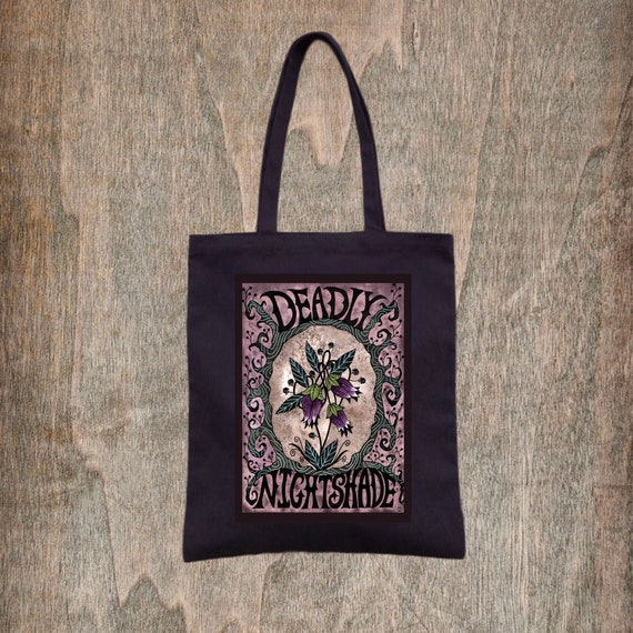 Deadly Nightshade Bag - Black Purple Atropa Belladonna Floral Cotton Tote - Witches Herbal Botanical Dark Cottagecore Tote Bag