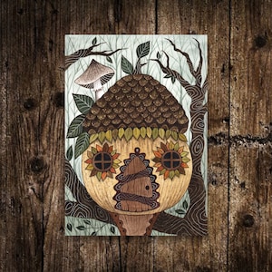 Mini Acorn Cottage Print - Small A6 Whimsical Treehouse Pixie Goblin Cottage Illustration - Mini Green Autumn Leaves Postcard Print