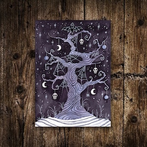 Mini A6 Solitario Dimenticato Albero Stampa - Piccola Illustrazione invernale gotica - Acquerello Creepy Twisted Tree Cartolina - Albero di Natale spettrale