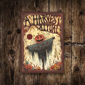 Mini impressão de espantalho de colheita - pequena ilustração de espantalho de Halloween A6 - impressão de cartão postal de mini abóbora - arte assustadora de Jack-O-Lantern