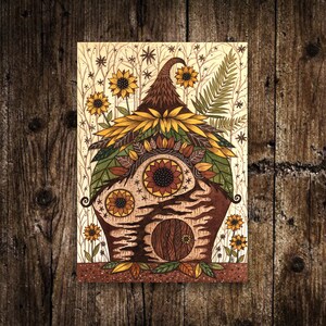 Mini A6 impression cottage tournesol - petite illustration de maison de fée printemps été - décoration tournesols jaunes - cottage cosy fée jardin de fougères