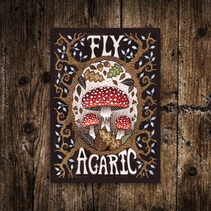 Mini impression A6 sur amanite mouche - petite illustration de champignon vénéneux - impression d'Art carte postale cottagecore - décor champignon botanique Amanita muscaria