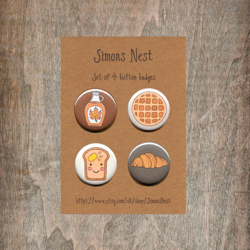 Maple Syrup Breakfast Badge Set Croissant Sweet Waffle Pack Of 4 Brunch 25mm 1 Button Pin Badges Cute Food Gift Buttered Toast