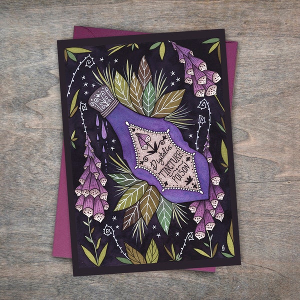 Pure Poison Card & Envelope - Spring Summer Floral Foxglove Poison Bottle Card - Gothic Botanical Valentines Alternative Love Greetings Card