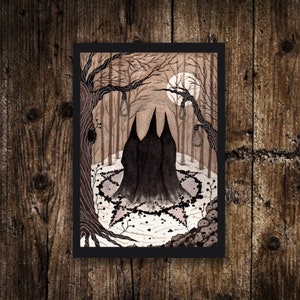 Mini A6 Winter Coven Druck - Kleine Hexen Coven Pentagramm Illustration - Mini Gothic Witchy Postkarte Druck - Schwarzer Sepia Gruseliger Aquarell