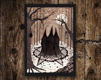 Mini A6 Winter Coven Print - Small Witches Coven Pentagram Illustration - Mini Gothic Witchy Postcard Print - Black Sepia Spooky Watercolour