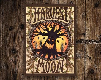 Mini Harvest Moon Print - Small A6 Spooky Pumpkin Tree Illustration - Halloween Samhain Jack-o-Lantern Carving Decoration