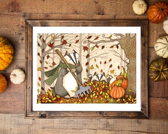 Badger Print - 'Pumpkins At Dusk' Watercolour Badgers A5 - A4 - A3 Illustration Art Print - Autumn Fall Whimsical Woodland Forest Decor