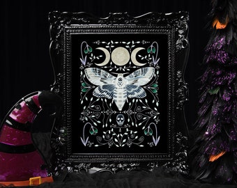 Impresión de polilla celestial - Esfinge de calavera negra A5 - A4 - Arte de acuarela A3 - Decoración de luna de polilla gótica espeluznante - Decoración de calavera de insecto ornamentada