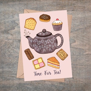 Carte de voeux et enveloppe de thé - C'est l'heure du thé ! High Tea et gâteaux britanniques - carte de fête des mères rose théière vintage - carte d'anniversaire amateur de pâtisserie