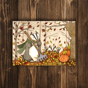 Mini impression de blaireau d'automne A6 - petite illustration de blaireau citrouille d'automne - impression de mini carte postale d'Halloween - art mignon d'animaux de la forêt de blaireau